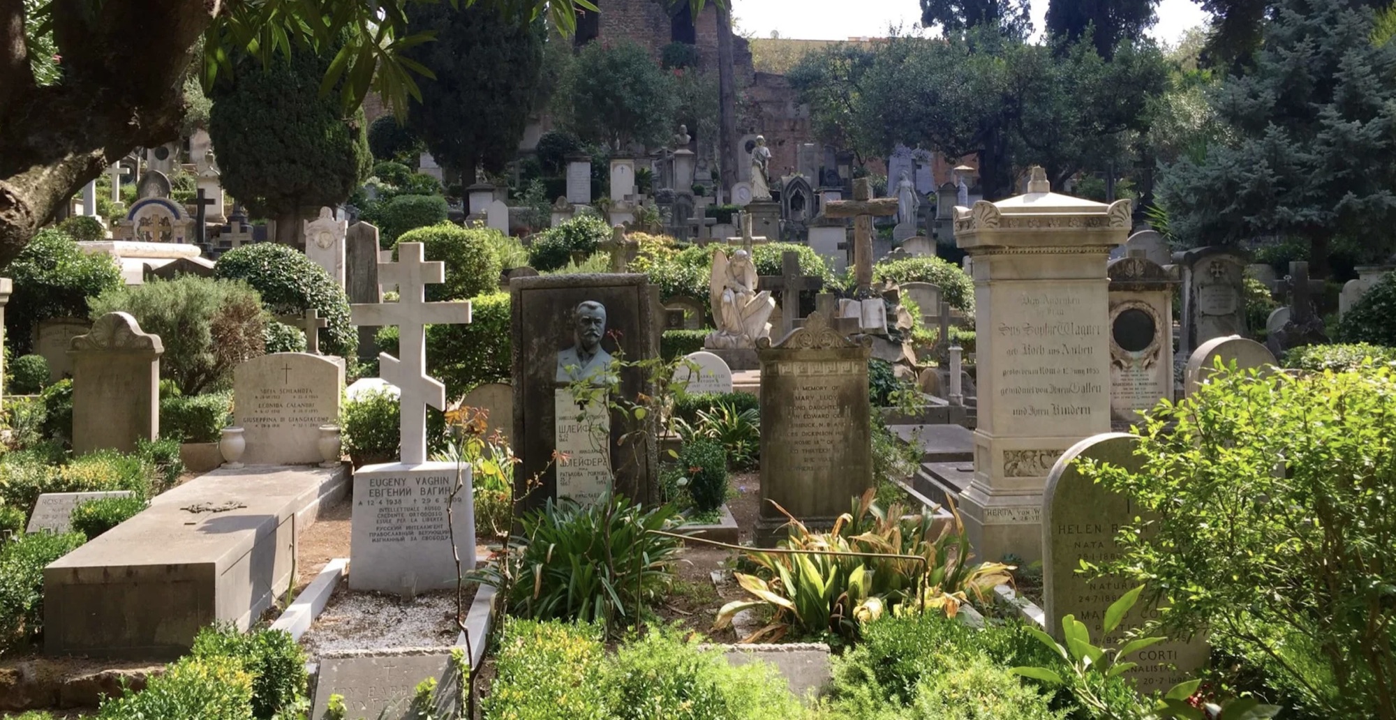 A cemetery with monuments in many faith and cultural traditions